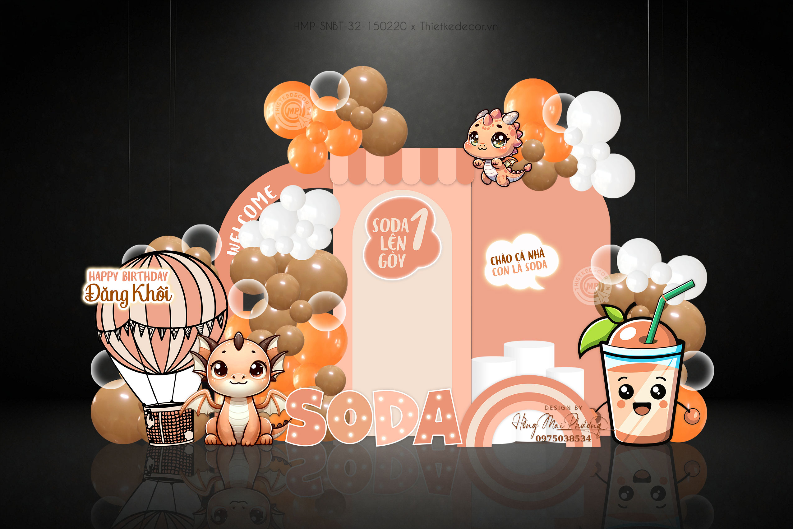 Sinh nhật bé trai tuổi rồng tone cam khinh khí cầu soda